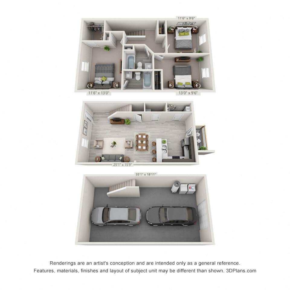 Floor plan for 3 beds, 2.5 baths, 1440 sqft